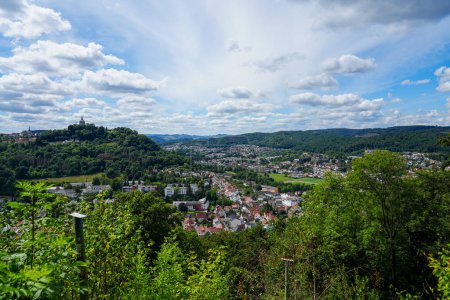 View of Marsberg and the surrounding countryside. Aerial view. View from the Bilstein Tower.