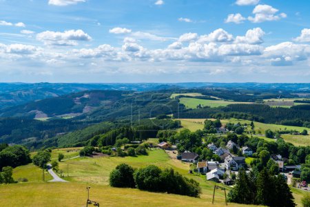 Landscape at Schomberg in Sauerland. Nature with forests and hiking trails near Sundern on the Lennegebirge.