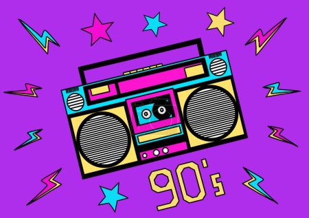 Photo for Colorful 90s illustration. Ghetto Blaster. Tape recorder. Party. - Royalty Free Image