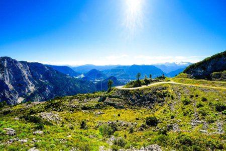Photo for View of the surrounding landscape at the Loseralm near Altaussee in the Salzkammergut in Austria. Nature with panoramic views of the mountains on the Loser Alm in Styria. - Royalty Free Image