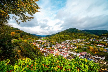 Vue sur la ville de Hornberg et la nature environnante depuis le château de Hornberg. Paysage avec une ville dans la Forêt Noire.