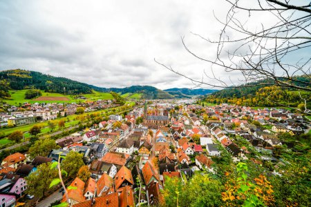 View of the town of Hausach from Husen Castle near Hausach. Landscape with a village in the Black Forest in the Kinzig valley.