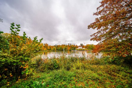 Großer Teich in Bad Nauheim. Herbstliche Landschaft am Wasser.