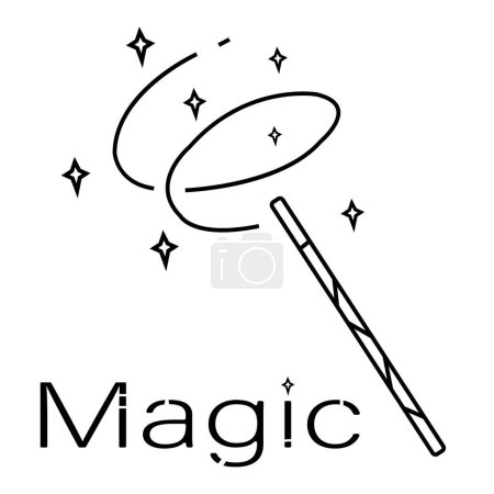 baguette magique icône linéaire avec paillettes et étoiles magiques