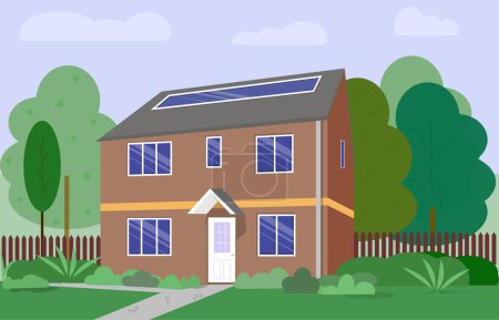 Illustration for Two-story house with a fence, trees and a path. Simple flat illustration - Royalty Free Image