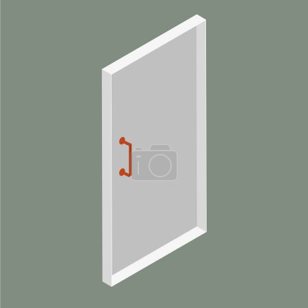 puerta con una puerta de metal y un mango rojo en una vista isométrica, aislado sobre un fondo liso, vista 3D