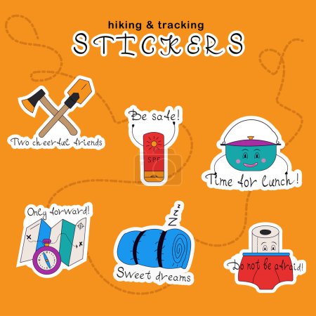 Illustration for Sticker pack on the theme of travel, trekking, hiking in doodle style, y2k, with emotions and motivational inscriptions. For print, social media and clothing prints. - Royalty Free Image