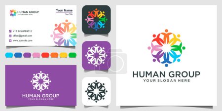 Illustration for Colorful design of people symbols working as team & cooperating. This vector logo template can represent unity and solidarity in group or team of people. 3 favicons and business card Premium Vector. - Royalty Free Image