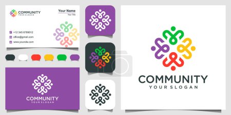 Illustration for Colorful design of people symbols working as team & cooperating. This vector logo template can represent unity and solidarity in group or team of people. 3 favicons and business card Premium Vector. - Royalty Free Image