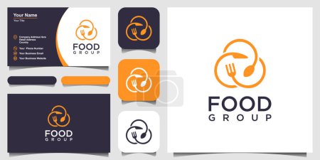 food logo design with the concept of a pin icon combined with a fork, knife and spoon. business card design