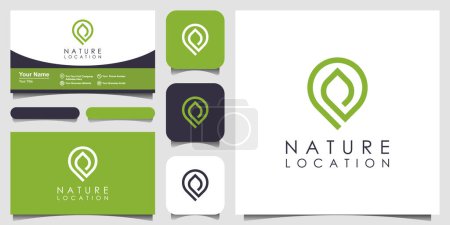 Illustration for The location pin logo design is combined with natural leaves. logo with style line art minimalist and business card design - Royalty Free Image