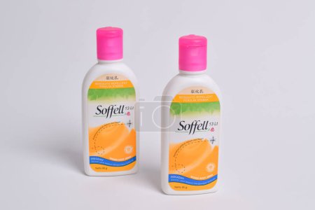 Photo for Pasuruan - February 22, 2024 : Soffell mosquito repellent lotion with orange scent isolated on white background - Royalty Free Image