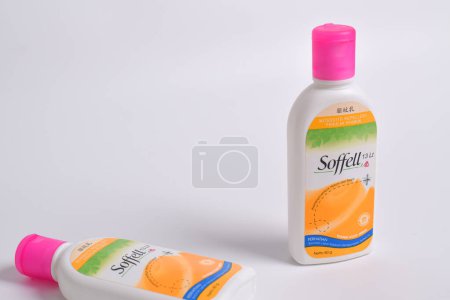 Photo for Pasuruan - February 22, 2024 : Soffell mosquito repellent lotion with orange scent isolated on white background - Royalty Free Image