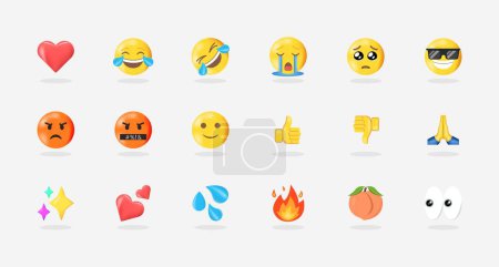 Illustration for Pack of most use Emoticons, Heart, Laugh, ROLF, Cry, Sad, Angry, Thumb up down, Peach, fire, Sparkles, Most use emoji vector emoticons. - Royalty Free Image