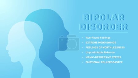 Illustration for Metaphor Bipolar disorder mind mental. two face feeling. Split personality, Extreme Mood swings 2 people head silhouette. Dual personality disorder concept. Mental heath banner. - Royalty Free Image