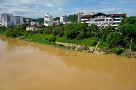Itajai Acu River and cityscape of Blumenau, Santa Catarina, Brazil.