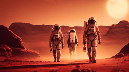 Astronauts in the desert at sunset. High quality photo