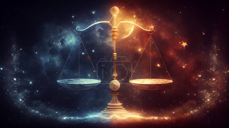 Foto de Libra zodiac. Digital composite of Scales of justice against - Imagen libre de derechos