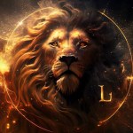 Lion head in space with fire and stars. Fantasy illustration. High quality photo