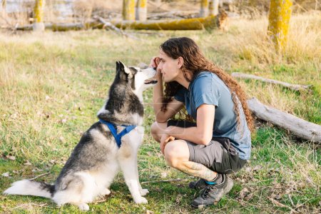 Horizontal photo a man squats down to make eye contact with his husky, demonstrating a moment of mutual understanding and respect during a training session. Lifestyle concept.