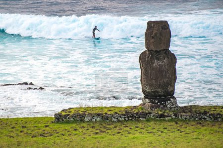 moais in front of the ocean in Tahai, Rapa Nui, Easter Island. High quality photo