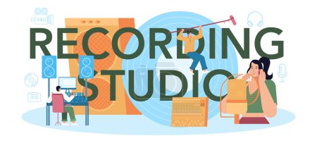 Illustration for Recording studio typographic header. Music production industry, sound recording with a electronic equipment. Soundtrack or audio media creator. Vector flat illustration - Royalty Free Image