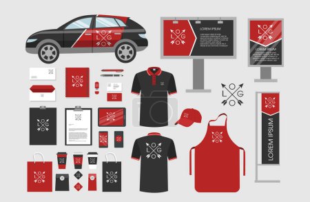 Téléchargez les illustrations : Brand identity set. Car and clothes, letters and papers with logo. - en licence libre de droit