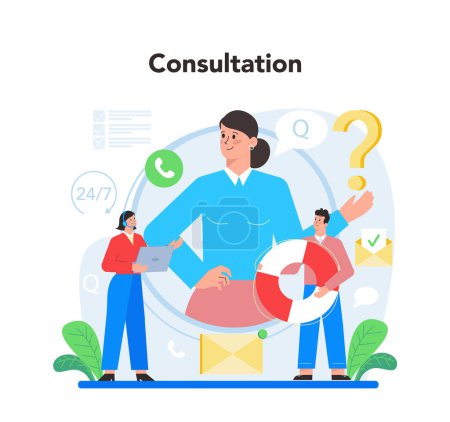 Call center or technical support concept. Idea of customer service. Clients support providing them with valuable information. Vector flat illustration