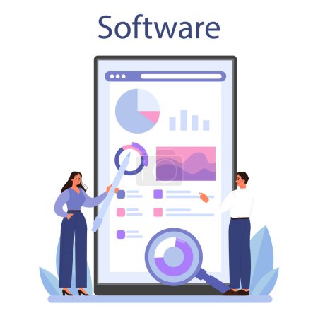 Illustration for Consulting online service or platform. Research and recommendation. Strategy management and troubleshooting. Online software. Flat vector illustration - Royalty Free Image