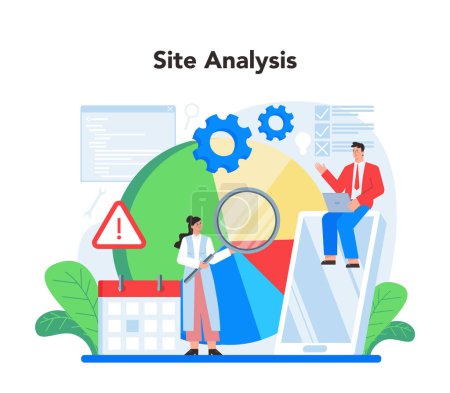 Photo for Website analyst concept. Web page improvement for business promotion as a part of marketing strategy. Website analysis to get data for SEO. Isolated flat illustration - Royalty Free Image