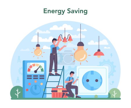 Illustration for Electrician concept. Electricity works service worker in the uniform repair electrical element. Technician repair, meter installation and energy saving. Flat vector illustration - Royalty Free Image