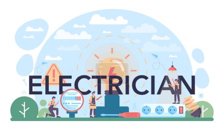 Illustration for Electrician typographic header. Electricity works service worker in the uniform repair electrical element. Technician repair, meter installation and energy saving. Flat vector illustration - Royalty Free Image