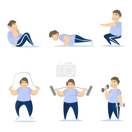 Illustration for Fat man training set on white background. Jumping, squats and push ups. - Royalty Free Image