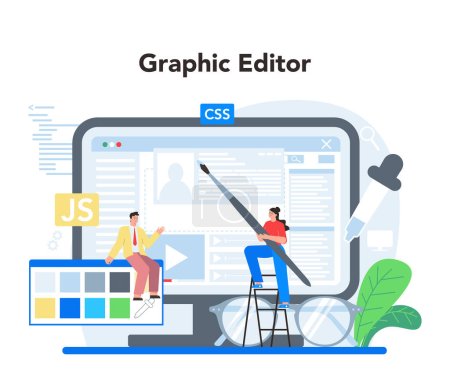 Illustration for Frontend development online service or platform. Website interface design improvement. Web page programming, coding and testing. Graphic editor. Isolated flat vector illustration - Royalty Free Image