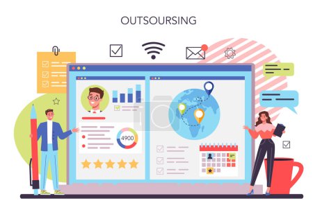 Freelance or outsoursing online service or platform. People working remotely through the internet. Idea of free schedule. Vector flat illustration