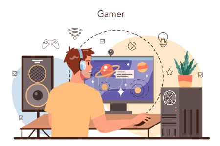 Illustration for Professional gamer concept. Person play on the computer video game. E-sports team, pro streamer. Virtual championship. Vector illustration in cartoon style - Royalty Free Image