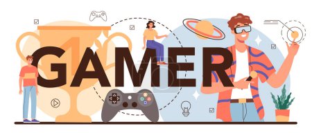 Illustration for Gamer typographic header. Person play on the computer video game. E-sports team, pro streamer. Virtual championship. Vector illustration in cartoon style - Royalty Free Image