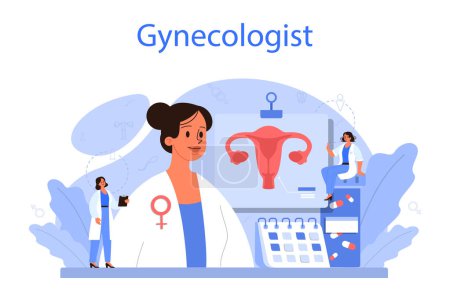 Illustration for Gynecologist, reproductologist and women health concept. Human anatomy, ovary and womb. Pregnancy monitoring and disease treatment. Isolated illustration in cartoon style - Royalty Free Image