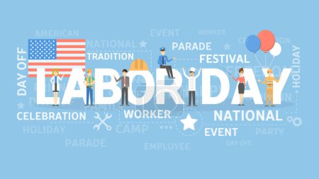 Illustration for Labor day illustration. Word cloud with american flags and workers. - Royalty Free Image