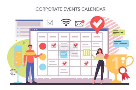 Illustration for Employee loyalty online service or platform. Corporate culture and relations.Personnel mativation and remuneration. Corporate events calendar. Flat vector illustration - Royalty Free Image
