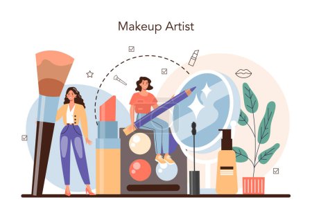Illustration for Make up artist concept. Professional artist doing a beauty procedure, applying cosmetics on the face. Visagiste doing makeup to a model using a brush. Flat vector illustration - Royalty Free Image