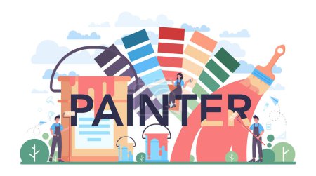 Téléchargez les illustrations : Painter typographic header. People in the uniform paint the wall with paint roller and plastering a wall with spatula. Wall decorator renovating a house. Vector flat illustration - en licence libre de droit