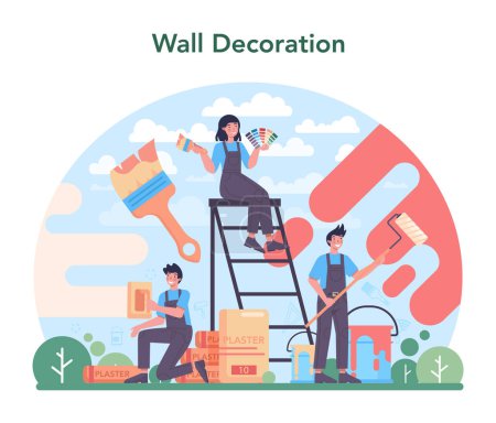 Illustration for Painter concept. People in the uniform paint the wall with paint roller and plastering a wall with spatula. Wall decorator renovating a house. Vector flat illustration - Royalty Free Image