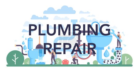 Illustration for Plumbing repair typographic header. Plumbing service, professional repair and cleaning of bathroom equipment and sewerage systems. Vector illustration. - Royalty Free Image