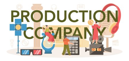 Téléchargez les illustrations : Production company typographic header. Film and music production, entertainment industry. Artist creating media with a studio equipment. Idea of creative profession. Flat vector illustration - en licence libre de droit