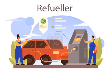 Refueler concept. Gas station worker in uniform working with a filling gun. Man pouring fuel into car in petroleum station. Isolated vector illustration