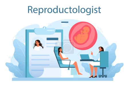 Ilustración de Reproductólogo y salud reproductiva. Anatomía humana, investigación biológica de materiales. Monitoreo del embarazo y diagnóstico médico. Ilustración aislada en estilo de dibujos animados - Imagen libre de derechos