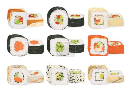 Illustration for Sushi rolls set. Different filling as fish, vegetables and cheese. - Royalty Free Image