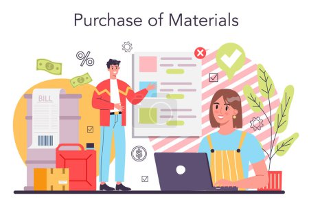 Illustration for Production process concept. Raw material supply. Manufacturing process, factory production. Company as a customer, business partnership. Flat vector illustration - Royalty Free Image