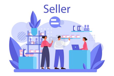 Photo for Seller concept. Professional worker in the supermarket, shop, store. Stocktacking, merchandising, cash accounting and calculations. Client service, payment operation. Vector illustration - Royalty Free Image